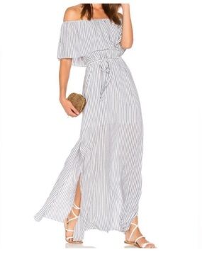 Alice + Olivia | Grazi Off Shoulder Maxi Dress Side Slits Striped Blue White 4